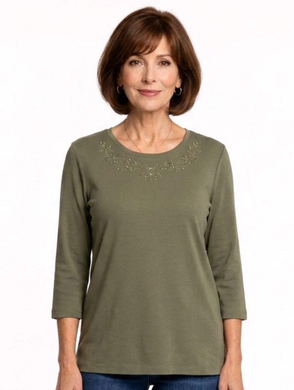 Studio Works Hazy Olive Embellished 100% Cotton 3/4 Sleeve Top Size M